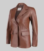 Women Paula Slim Fit Brown Leather Blazer - Image 3