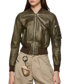 Women's Livia Green Leather Bomber Jacket