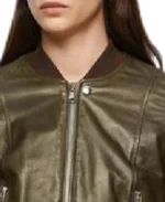 Women's Livia Green Leather Bomber Jacket Collar