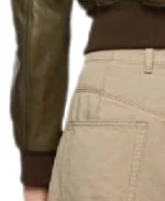 Women's Livia Green Leather Bomber Jacket Sleeves