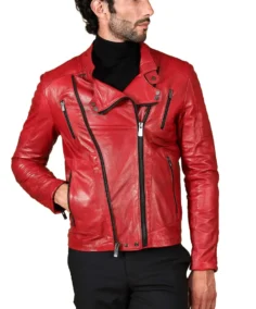 Men's Vintage Red Biker Leather Jacket Front - Trendy leather jackets