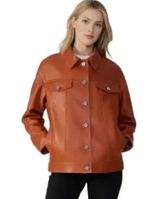 Bobbie Brown Leather Shirt Jacket front view - Trendy Leather Jackets