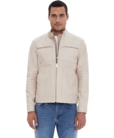 Henry Patterned Cream Leather Jacket - Trendy Leather Jackets