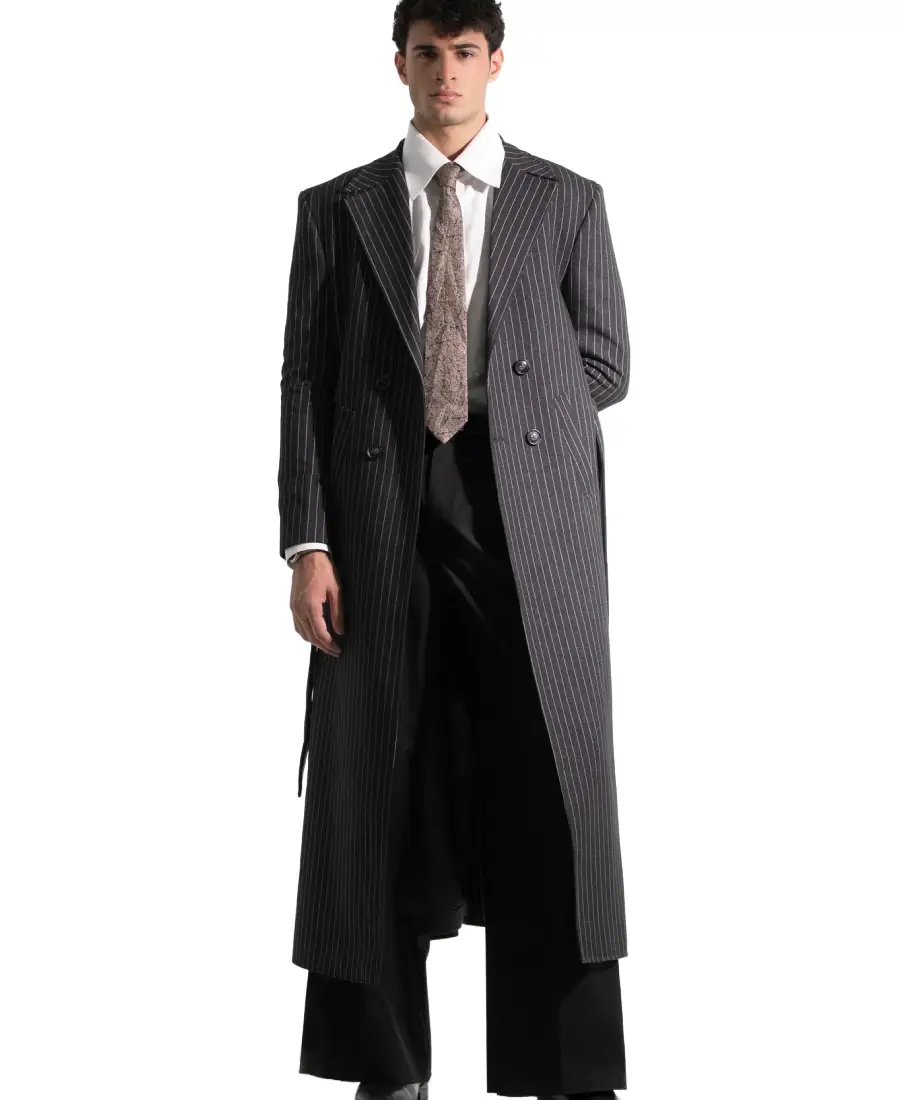 Men'S Charcoal Black Pinstripe Long Coat Men'S Charcoal Black Pinstripe Long Coat - Trendy Leather Jackets