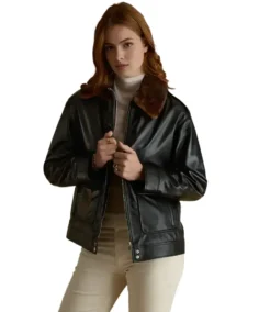 Women Black Shearling Collar Leather Jacket - Trendy Leather Jackets