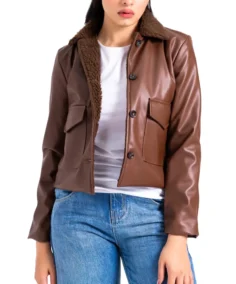 Women Brown Sherpa Collared Leather Jacket - Trendy Leather Jackets