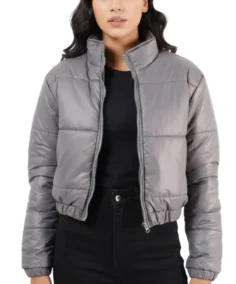 Women Grey Cropped Puffer Jacket - Trendy Leather Jackets