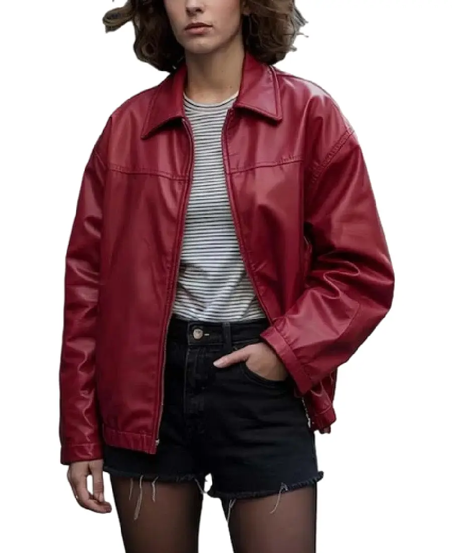 Women'S Red Oversized Bomber Leather Jacket Women'S Red Oversized Bomber Leather Jacket - Trendy Leather Jackets