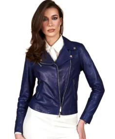 Women Navy Natural Biker Leather Jacket - Trendy Leather Jackets