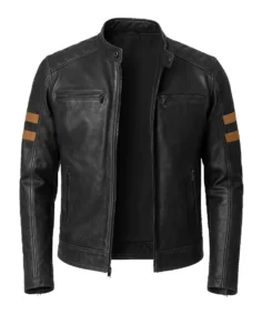 Men's Brown Sripes Biker Leather Jacket Front View - Trendy Leather Jackets