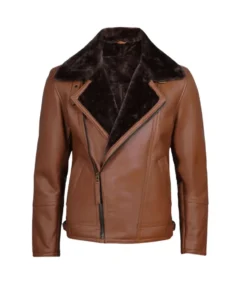 Men's Cognac Moto Shearling Leather Jacket - Trendy Leather Jackets