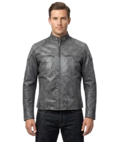 Men’s Distressed Grey Biker Leather Jacket - Trendy Leather Jackets