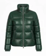 Men's Green Puffer Leather Jacket Front - Trendy Leather Jackets