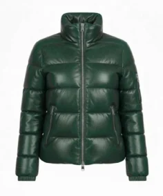 Men's Green Puffer Leather Jacket Front - Trendy Leather Jackets
