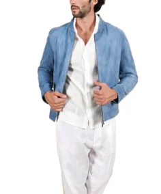 Men's Light Blue Denim Suede Leather Jacket - Trendy Leather Jackets