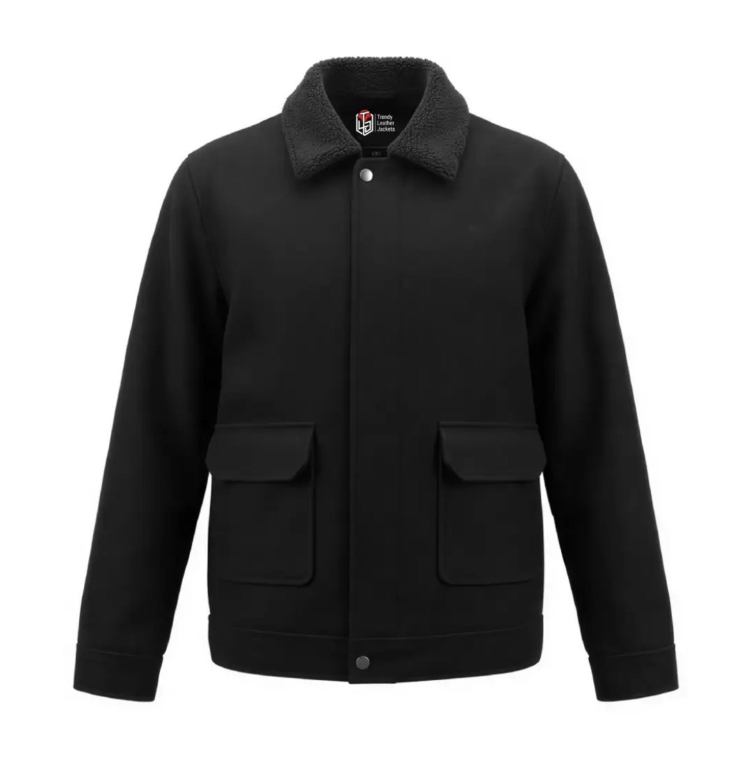 Men’s Signature Black Wool Blend Felt Jacket Men’s Signature Black Wool Blend Felt Jacket - Trendy Leather Jackets