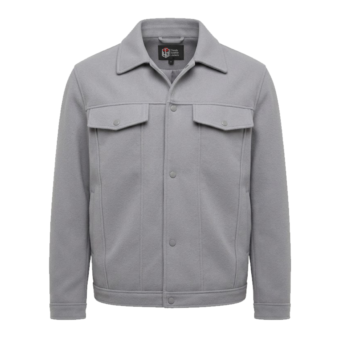Men'S Signature Light Grey Wool Blend Felt Jacket Front Side Men'S Signature Light Grey Wool Blend Felt Jacket Front Side