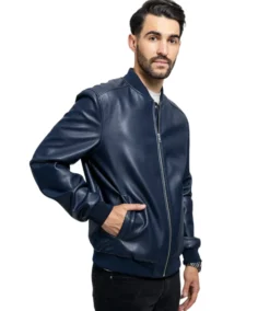 Men's Navy Faux Leather Jacket Side - Trendy Leather Jackets