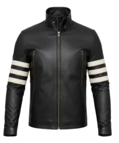 Men's White Stripe Moto Leather Jacket - Trendy Leather Jackets