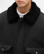 Relaxed Wool Blend Bomber Jacket Closeup - Trendy Leather Jackets