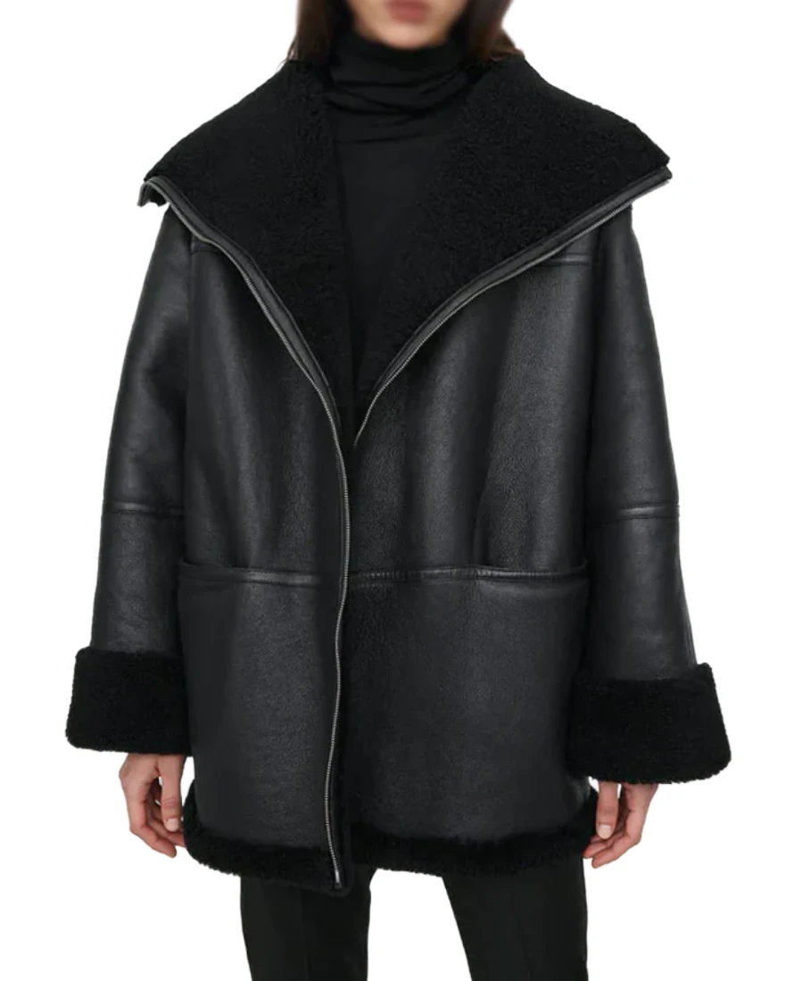 Women'S Black Oversized Shearling Leather Jacket Women'S Black Oversized Shearling Leather Jacket - Trendy Leather Jackets
