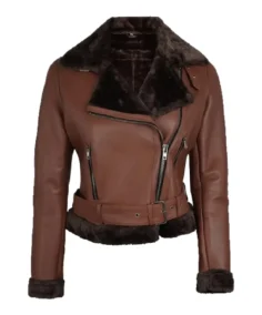 Women's Cognac Shearling Moto Leather Jacket - Trendy Leather Jackets