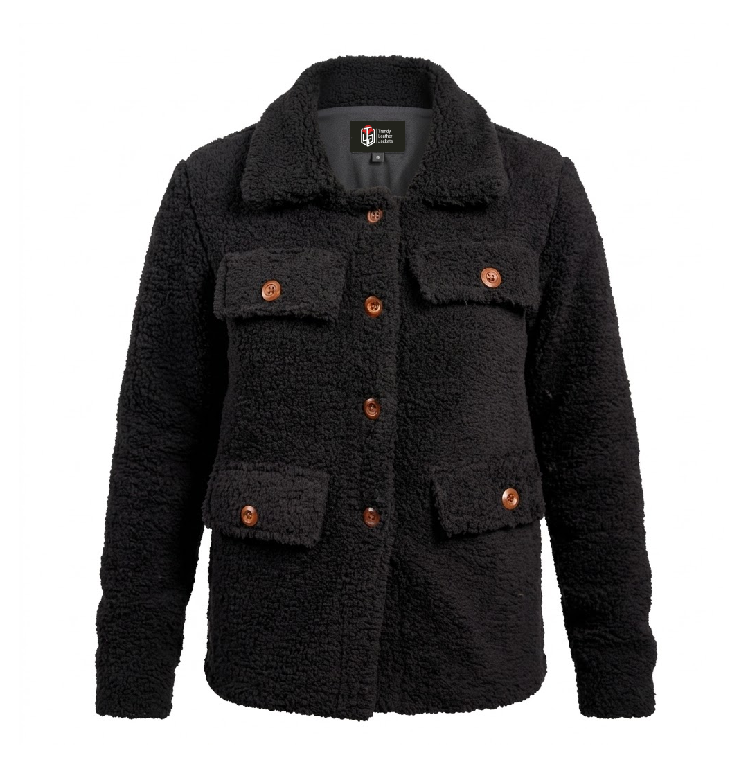 Women’s Signature Black Faux Sherpa Jacket Front View Women’s Signature Black Faux Sherpa Jacket Front View - Trendy Leather Jackets
