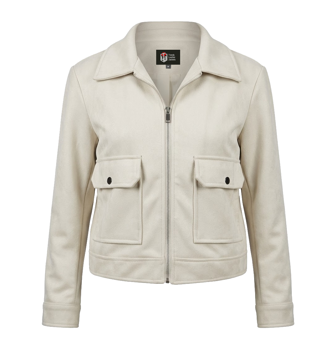 Women'S Signature Cream Faux Suede Jacket Front View - Trendy Leather Jackets